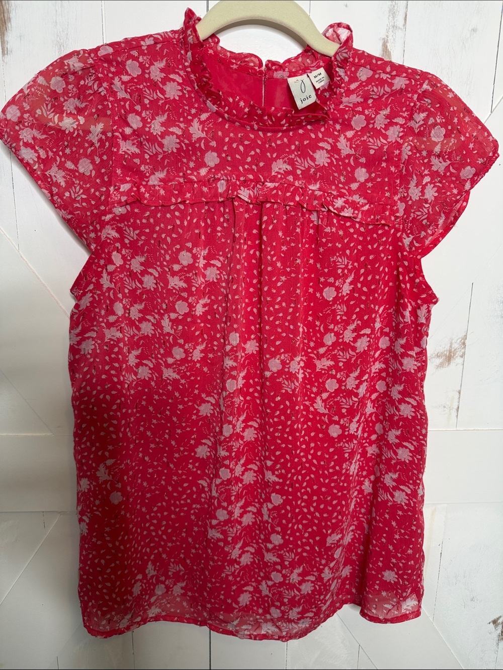Joie Red-Pink Floral Ruffle Neck Blouse